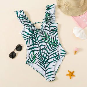 Green V-neck Swimsuit For Mother And Daughter