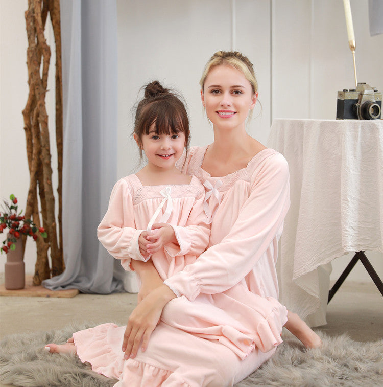 Autumn And Winter Girls' Parent-child Double-sided Velvet Jade Hare Velvet Long Korean Princess Medium And Large Children's Nightdress